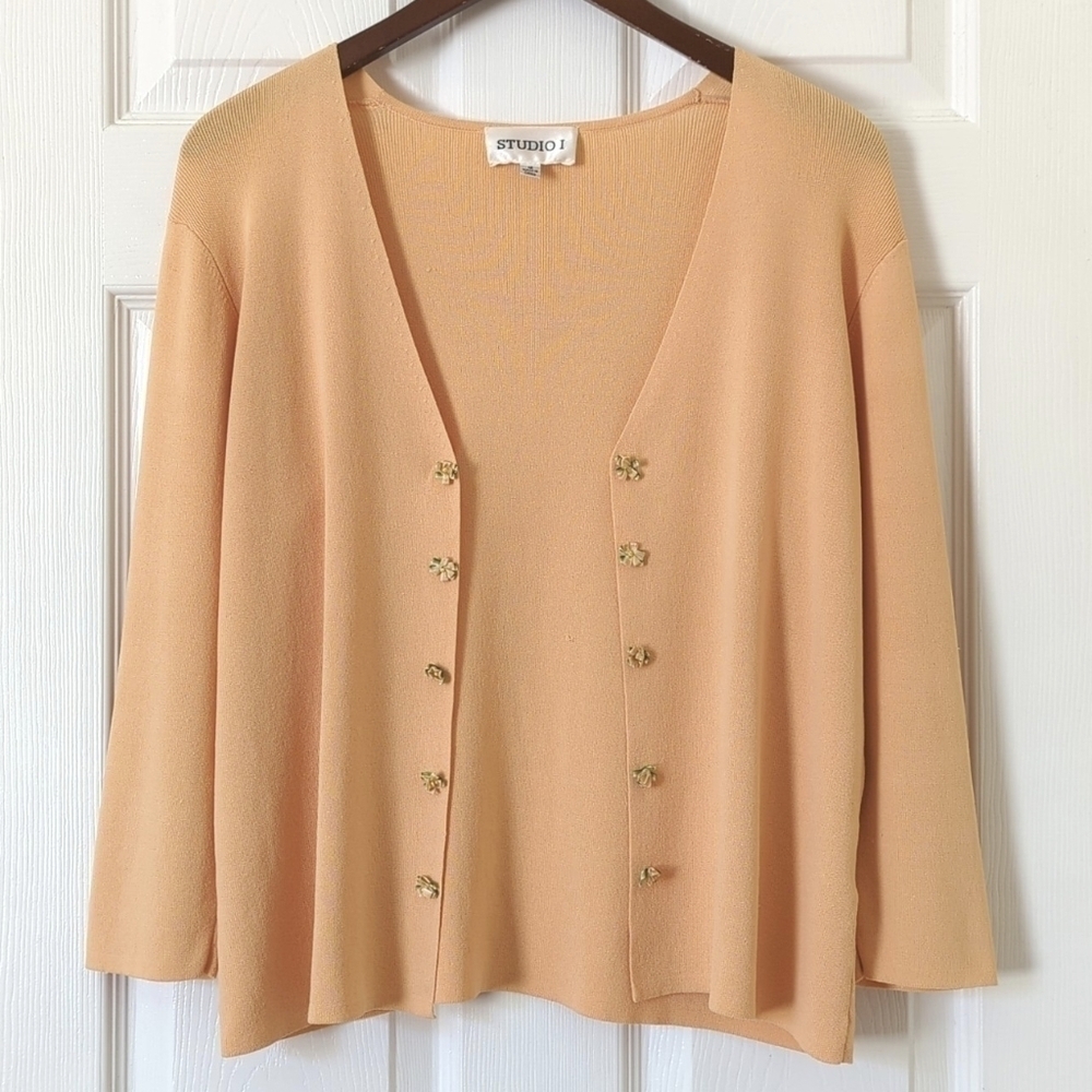 Studio 1 Y2K Vintage Thin Silky Floral Embellished Open Front Cardigan Peach 12